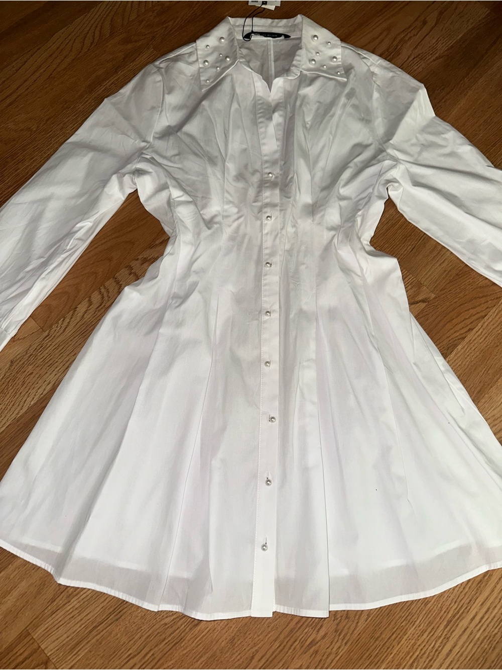 Zara White Pearl-Collar Long Sleeve Shirt Dress
